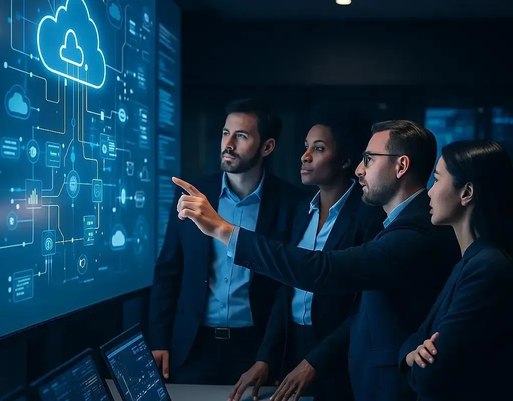 A team reviewing a connected system on a large display.