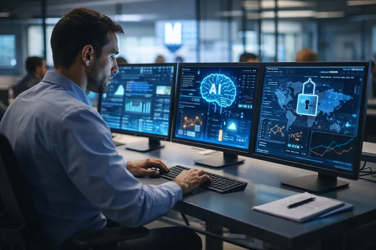 An engineer working across monitors that show analytics, a model view, and access controls.