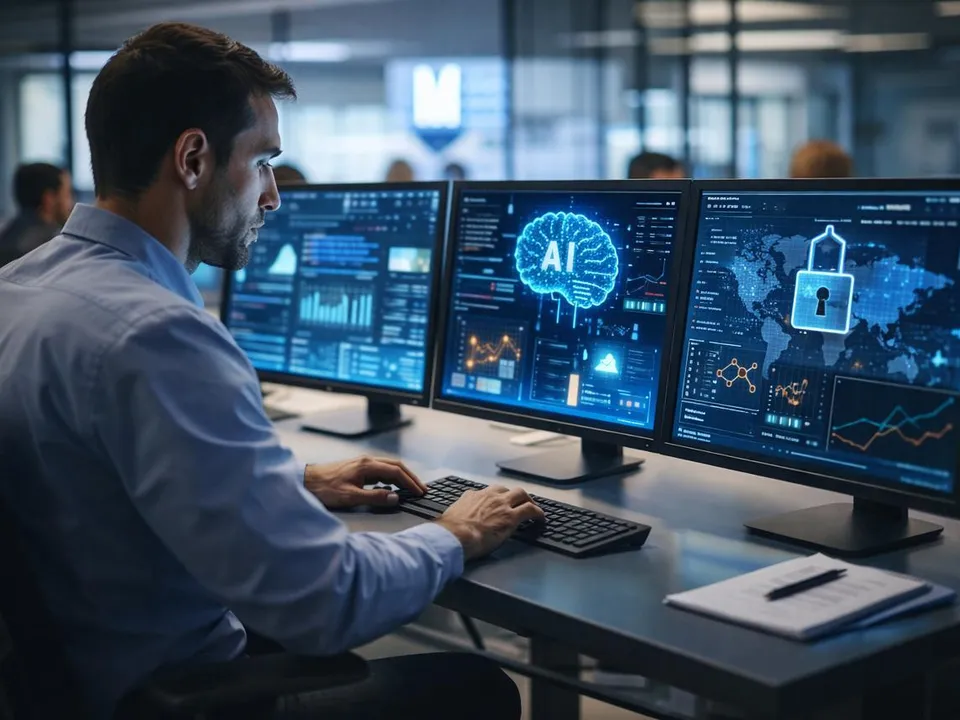 An engineer working across monitors that show analytics, a model view, and access controls.