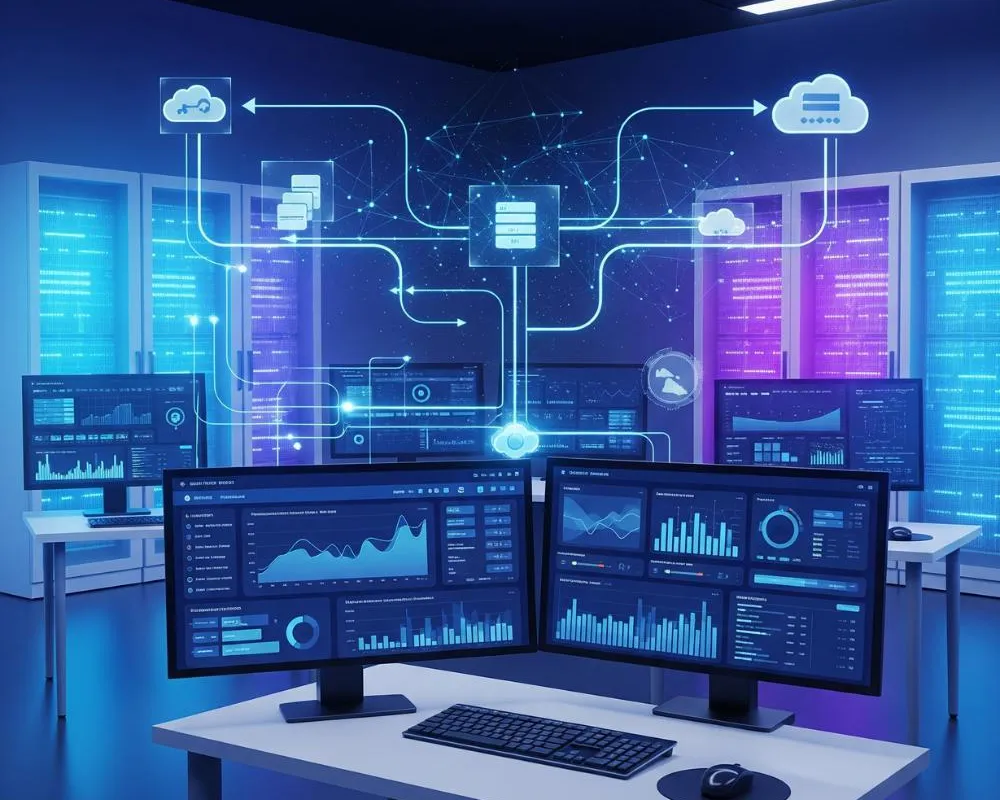 A data center with live dashboards and a map of connected services.