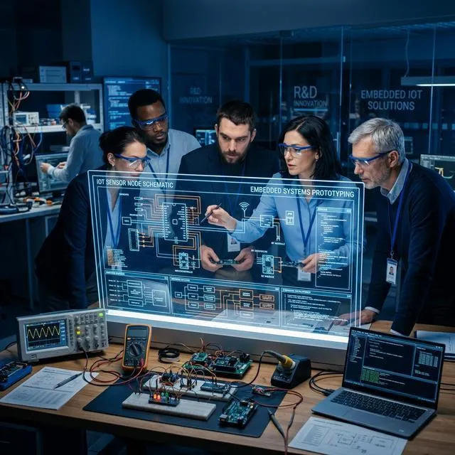 Engineers inspecting circuit boards and an embedded system schematic.