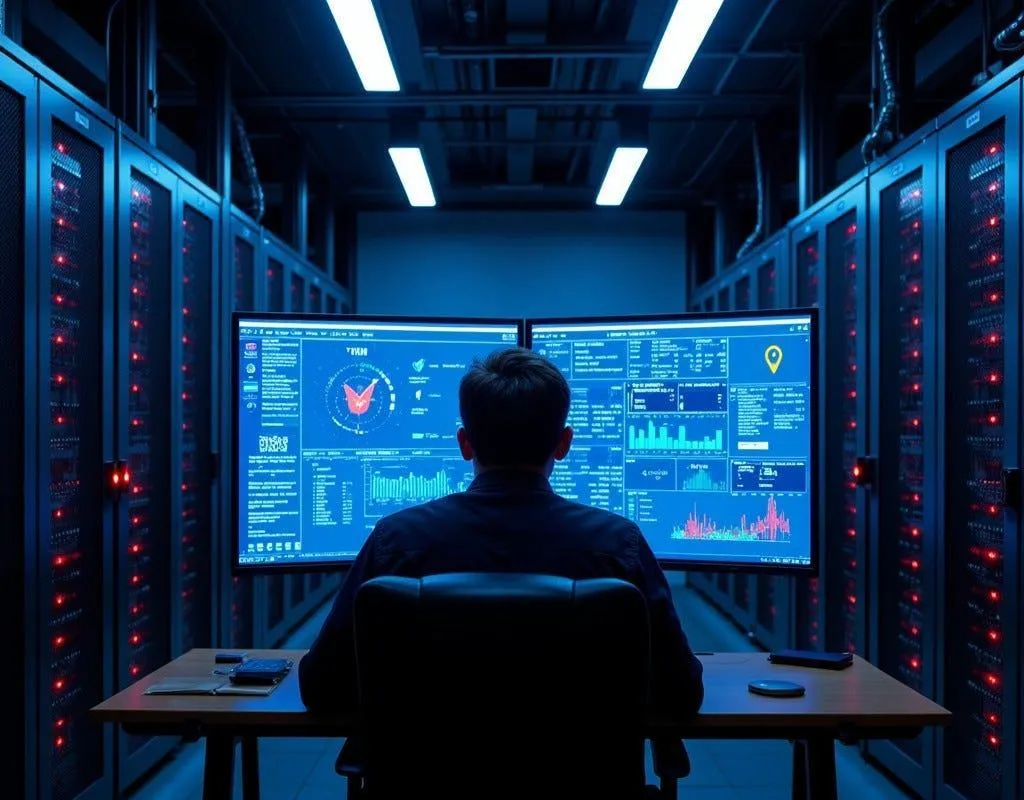 An engineer in a server room reviewing operational screens.