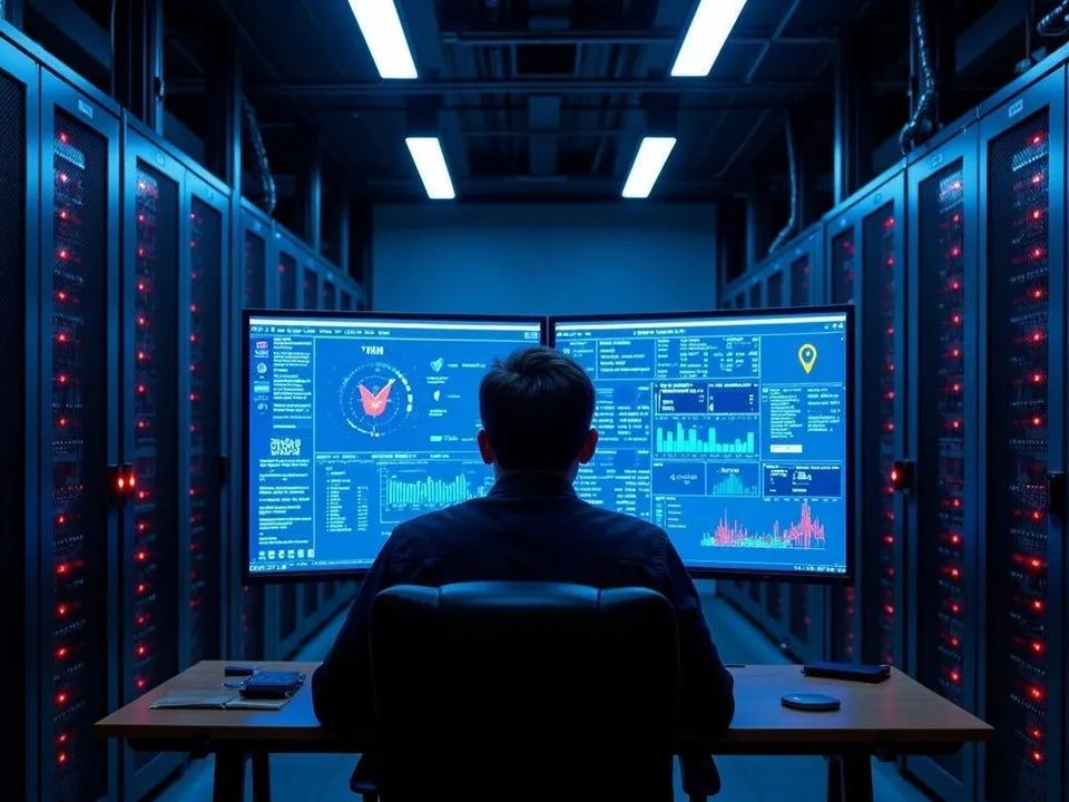 An engineer in a server room reviewing operational screens.