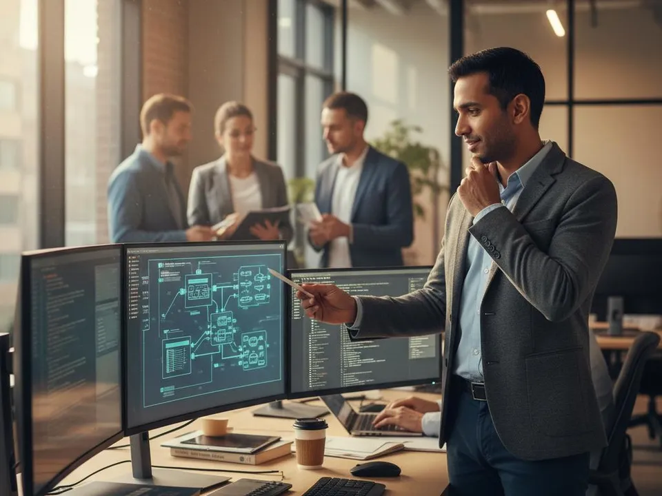 Engineers reviewing an architecture diagram on a workstation, with a team in discussion behind them.