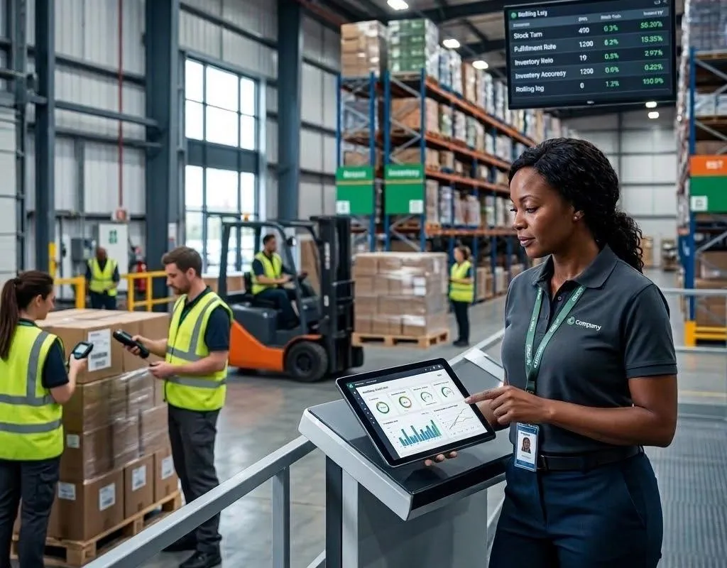 A warehouse floor where a coordinator checks operations on a tablet.