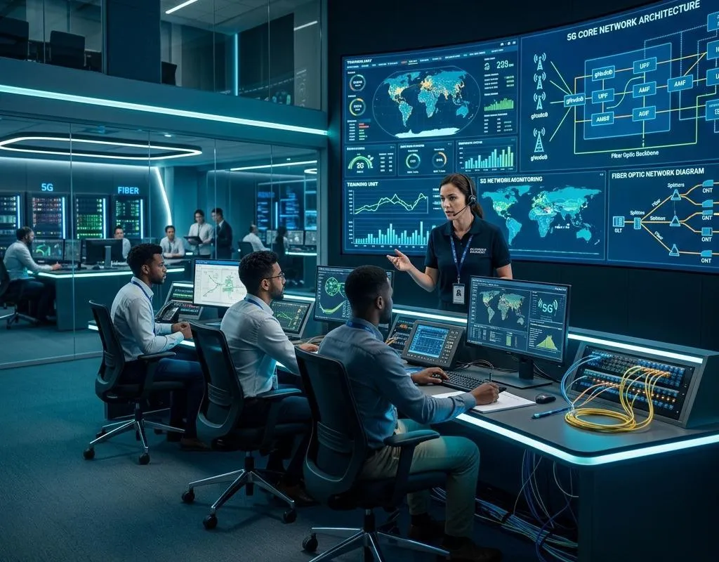 A network operations room with engineers and a live network display.